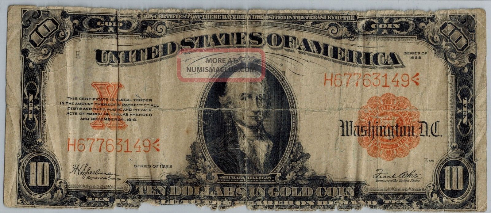 1922 $10 Gold Certificate Fr 1173 Speelman White Large Size Notes photo