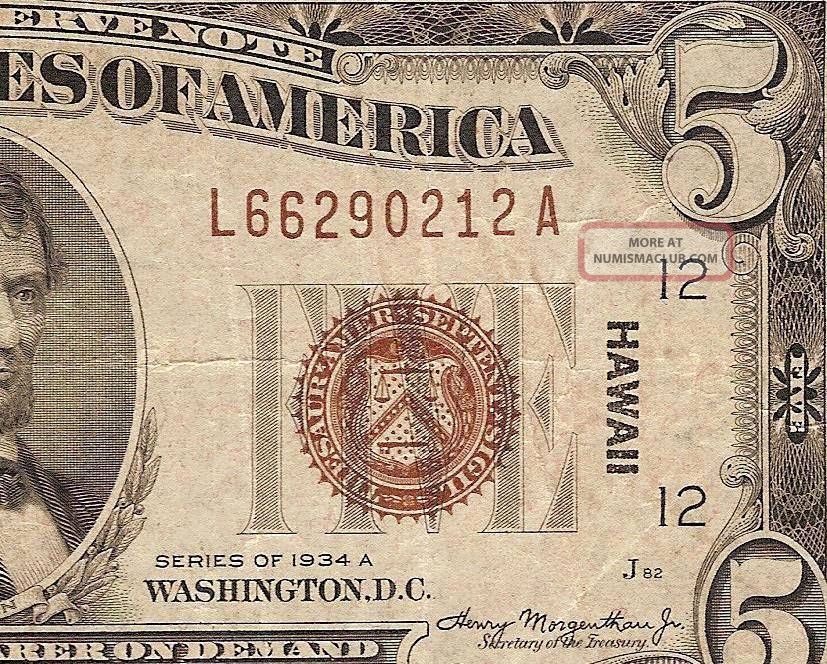 1934 A $5 Dollar Bill Hawaii Wwii Issue Federal Reserve Note Vf Currency Fr 2302 Small Size Notes photo