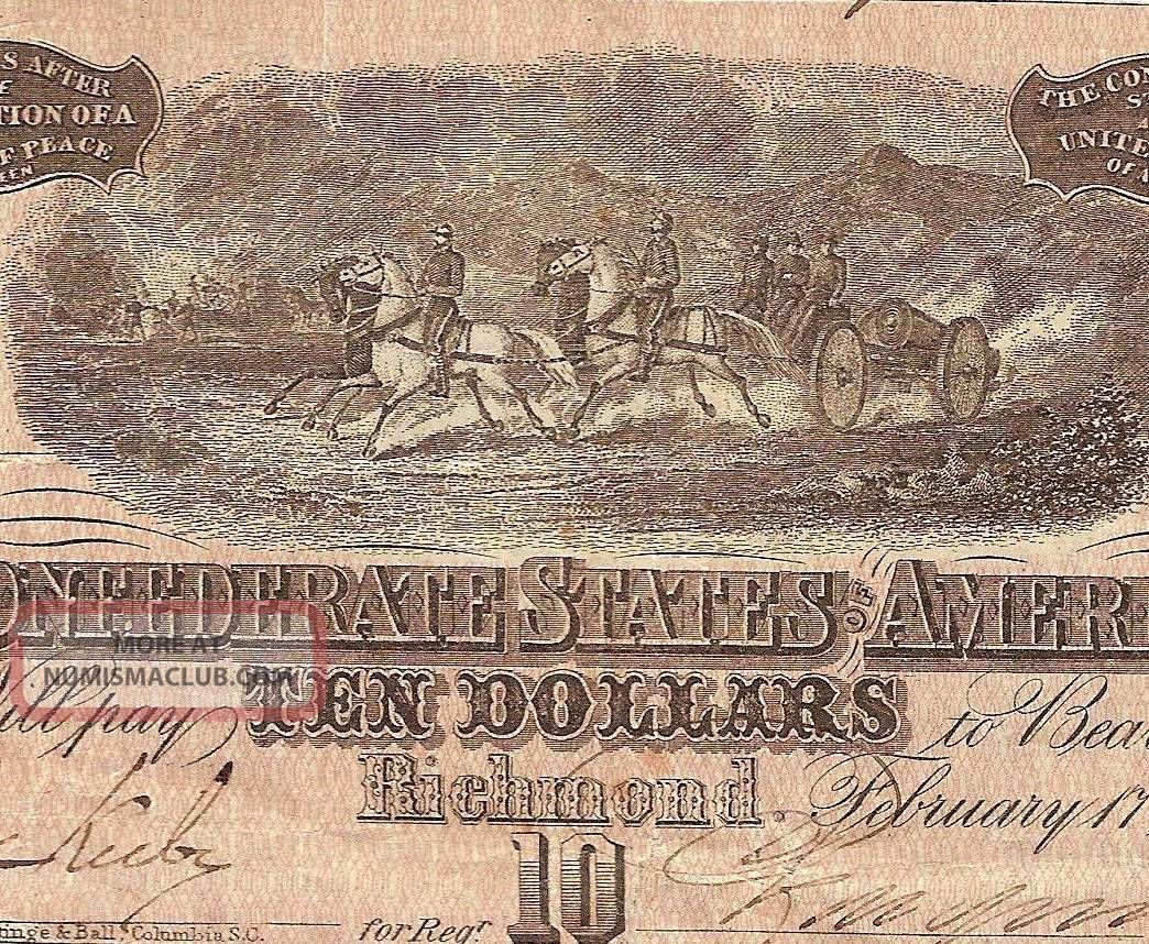 1864 $10 Dollar Bill Confederate States Currency Civil War Note Old ...