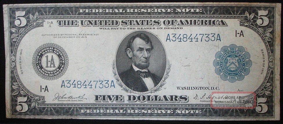 Fr - 846 1914 Boston Mass Large Size $5 Federal Reserve Note - Eye Appeal Large Size Notes photo