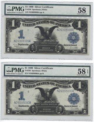 (2) 1899 $1 Silver Certificates - Black Eagle - Consecutive Pair - Pmg 58 (epq) photo