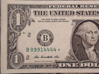 2009 Frn $1 Dollar Star Note - A/u,  Great Serial B 09914444 - Rare York Issue photo