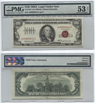 $100 1966a Legal Tender Note - United States Note - Pmg 53 Net - About Unc photo