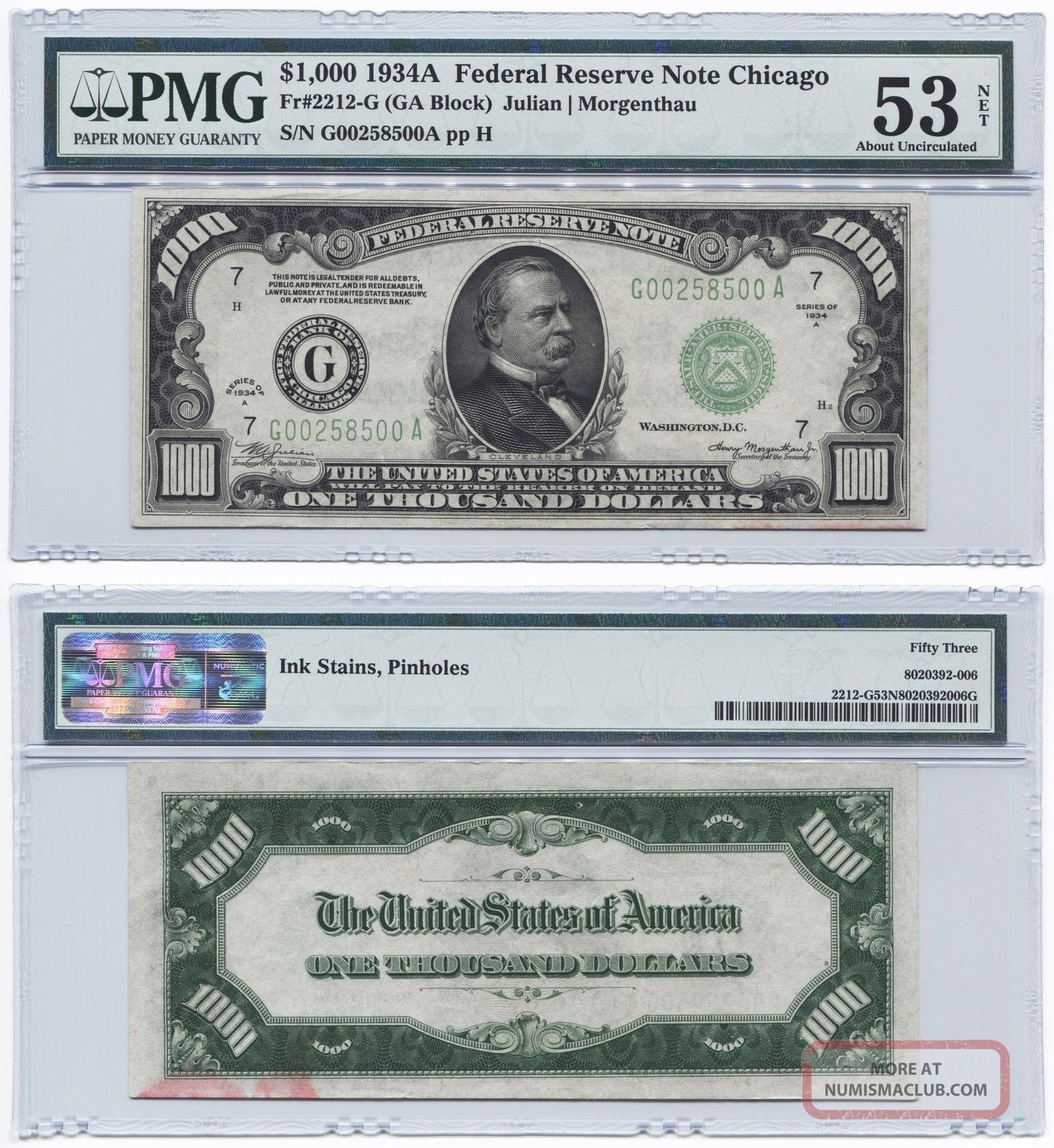 $1,  000 1934a Federal Reserve Note Chicago - Frn - Pmg 53 Net - About Unc Large Size Notes photo