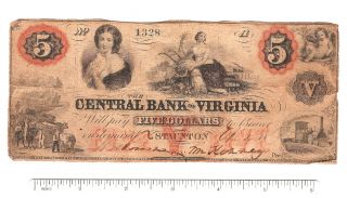 Pre - Civil War $5 Bill/note Central Bank Of Virginia 1860 W/train.  Endorsed. photo