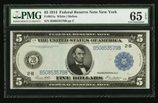 $5 1914 Federal Reserve Note York; Gem Uncirculated Pmg 65 Epq photo