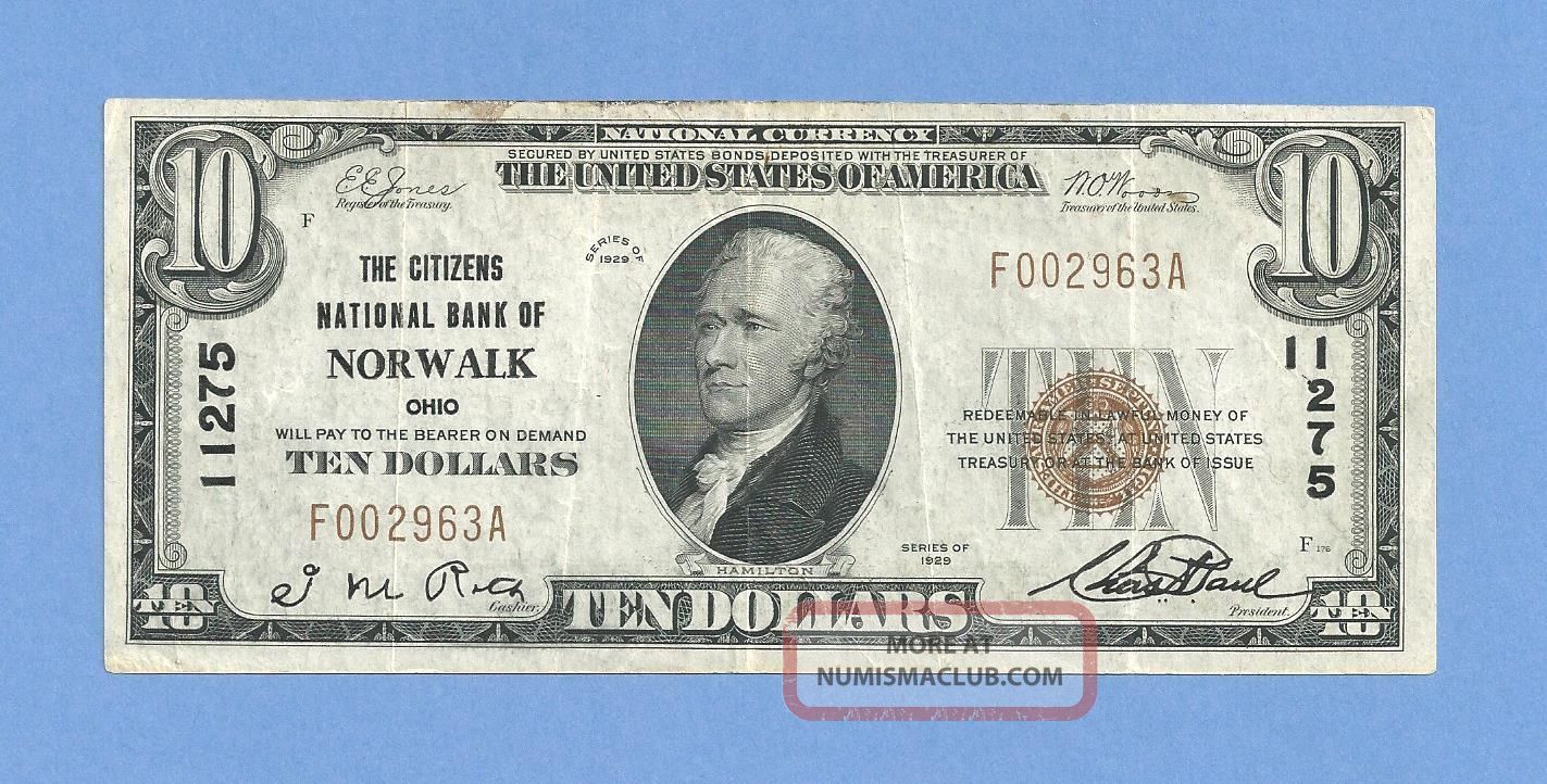 1929 $10 National Banknote 11275 Citizens National Bank Norwalk Ohio Type 1 Paper Money: US photo