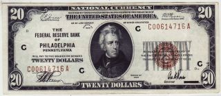 Depression Era 1929 Emergency Small Federal Reserve $20 Note From Philadelphia photo