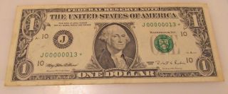 1995 Kansas City,  Mo.  One Dollar Low Serial Number Star Note J00000013 Au photo