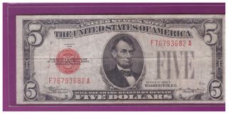 1928c 5 Dollar Bill Old Us Note Legal Tender Paper Money Currency Red Seal L168 photo