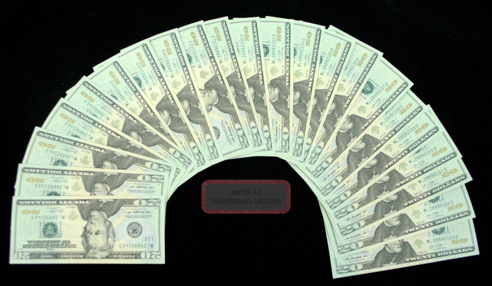 22 Consecutive Uncirculated $20 Dollar Bills 2013 Series $440 Ml28892142d - 63d Large Size Notes photo