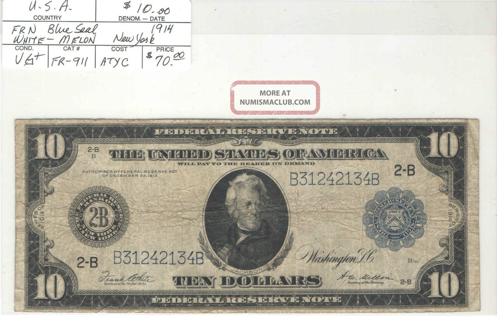Usa 1914 $10.  00 Blue Seal York Frn Vg,  Fr - 911 Large Size Notes photo