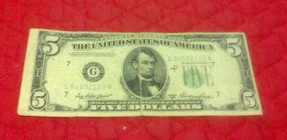 Us 1950a $5 Lime Green Seal Note - Circulated - Off Center photo