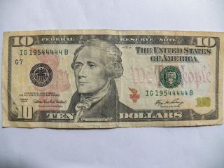 2006 Ten Dollar Bill 5 Of 4s Repeat Uncirculated.  S/n Ig 19544444b.  Very Rare photo