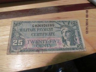 U.  S.  Military Payment Certificate Twenty - Five Cents (25) - Series 591 - Mpc photo