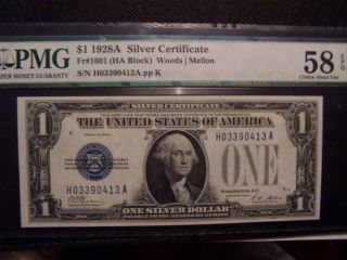1928 A Silver Certificate Fr 1601 Graded By Pmg 58 Choice Au Epq Paper photo