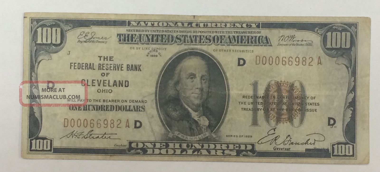 1929 $100 The Federal Reserve Of Cleveland Ohio Bank Note Low Serial Paper Money: US photo