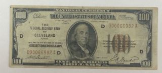 1929 $100 The Federal Reserve Of Cleveland Ohio Bank Note Low Serial photo