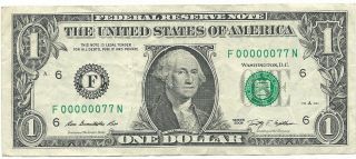 $1 2009==two - Digit Serial 77==f00000077n= Frn Circulated Low Binary,  1 Dollar photo