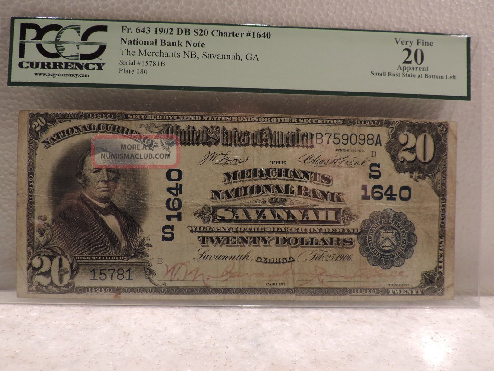 1902 Large Date Back $20 Merchants Nat.  Bank Savannah Pcgs Vf 20.  Sm.  Rust Spot. Paper Money: US photo