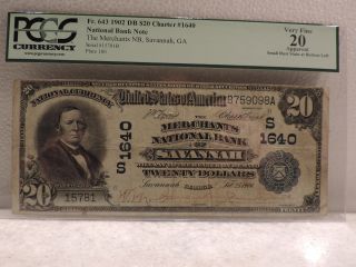 1902 Large Date Back $20 Merchants Nat.  Bank Savannah Pcgs Vf 20.  Sm.  Rust Spot. photo