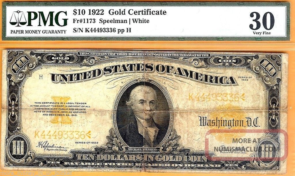 1922 $10 Gold Certificate Fr.  1173 Pmg 30 Very Fine Large Size Notes photo