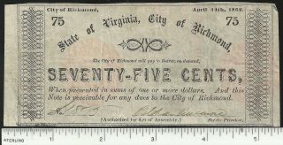 Obsolete 75 Cents State Of Virgina,  City Of Richmond 1862,  Printed On $5 Note photo