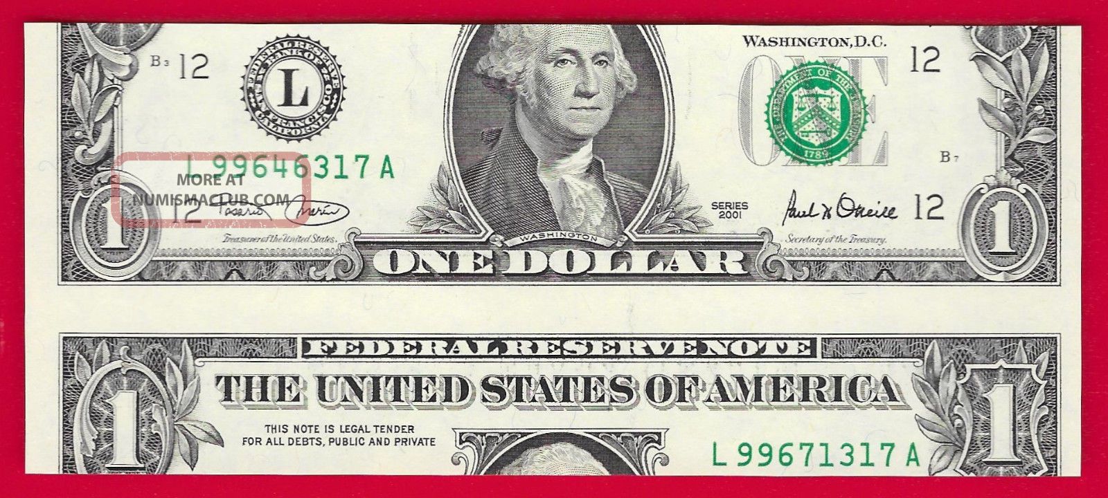 Gem Unc 2001 $1 ( ((san Francisco)) ) Note 2 Different Serials,  False Cutting Error Paper Money: US photo