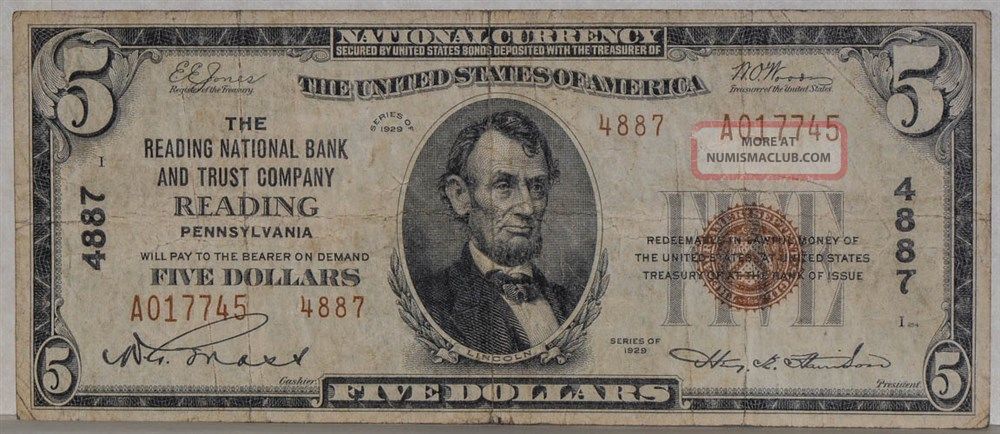 Fr.  1800 - 2 $5 1929 Reading National Bank & Trust Company Reading,  Pa Vf Paper Money: US photo