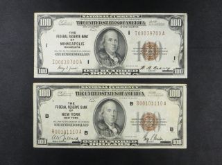 (2) $100 National Currency - - Minneapolis & York 1929 photo