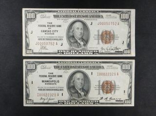 (2) $100 National Currency - - Kansas City & Minneapolis 1929 photo
