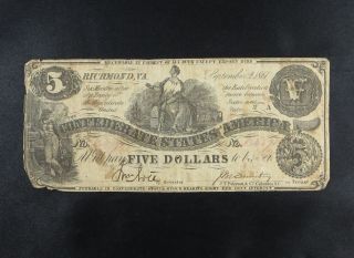 $5 Confederate States Of America Obsolete Confederate Currency photo