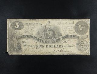 $5 Confederate States Of America Obsolete Confederate Currency Richmond photo