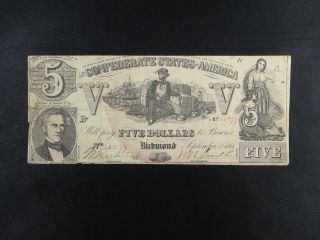 $5 Confederate States Of America Obsolete Confederate Currency Richmond 1861 photo
