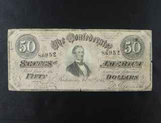 $50 Confederate States Of America Obsolete Confederate Currency Richmond 1864 photo