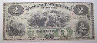 1862 Somerset And Worcester Savings Bank Two Dollar ($2) Note,  Very Rare photo