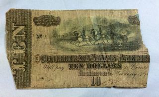 1864 Confederate States Of America $10 Ten Dollar Bank Note - Very Autentic photo