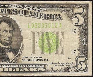 1934 $5 Dollar Bill Vivid Lgs Light Green Seal Federal Reserve Note Vf Currency photo