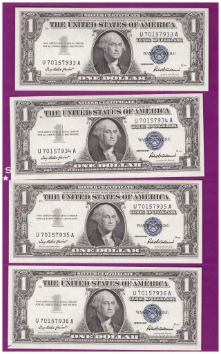 (4) 1957 $1 Uncirculated Silver Certificate Consecutive Serial Crisp Unc Lot142 photo