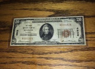 1929 National Currency Note $20 Marion Illinois Superlow Serial Number 182 photo