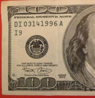 $100 Birthday Note March 14,  1996 Rare Federal Reserve Note photo