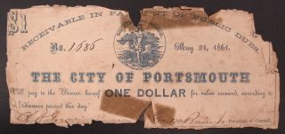1861 City Of Portsmouth,  Va,  One Dollar Blue Printing Sku 13020224 photo
