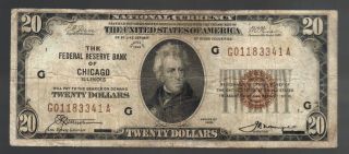$20 1929 Chicago Il National Currency Brown Seal Usa Federal Reserve Bank Note photo