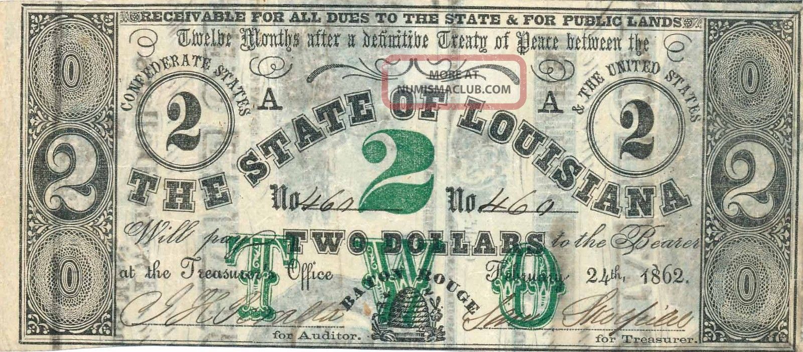 The State Of Louisiana Usa $2 1862 $10,  ' $20 Printed On Back Ef Small Size Notes photo
