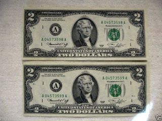2 - 1976 Uncirculated,  Consecutive Two Dollar Bills / Boston/crisp photo