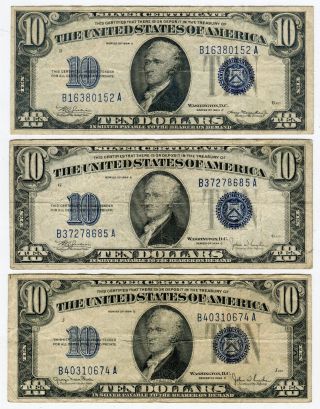 1934a,  1934c,  1934d $10 Silver Certificates Blue Seal Vf Or Better photo