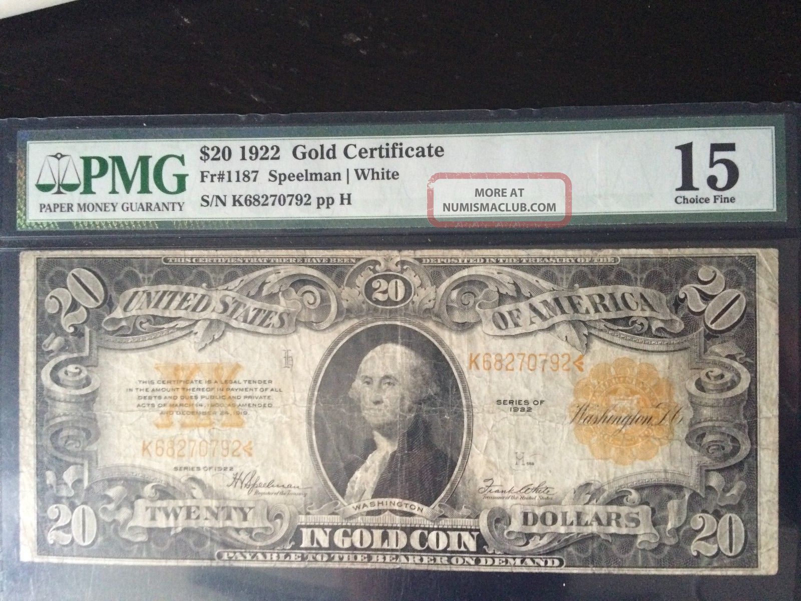 1922 $20 Dollar Gold Certificate Note Fr 1187 Pmg Certified 15 Choice Fine Large Size Notes photo