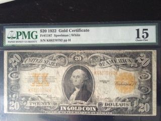 1922 $20 Dollar Gold Certificate Note Fr 1187 Pmg Certified 15 Choice Fine photo