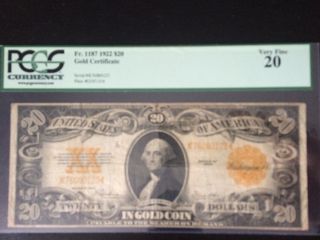 1922 $20 Dollar Gold Certificate Note Fr 1187 Pcgs Certified 20 Vf Currency photo