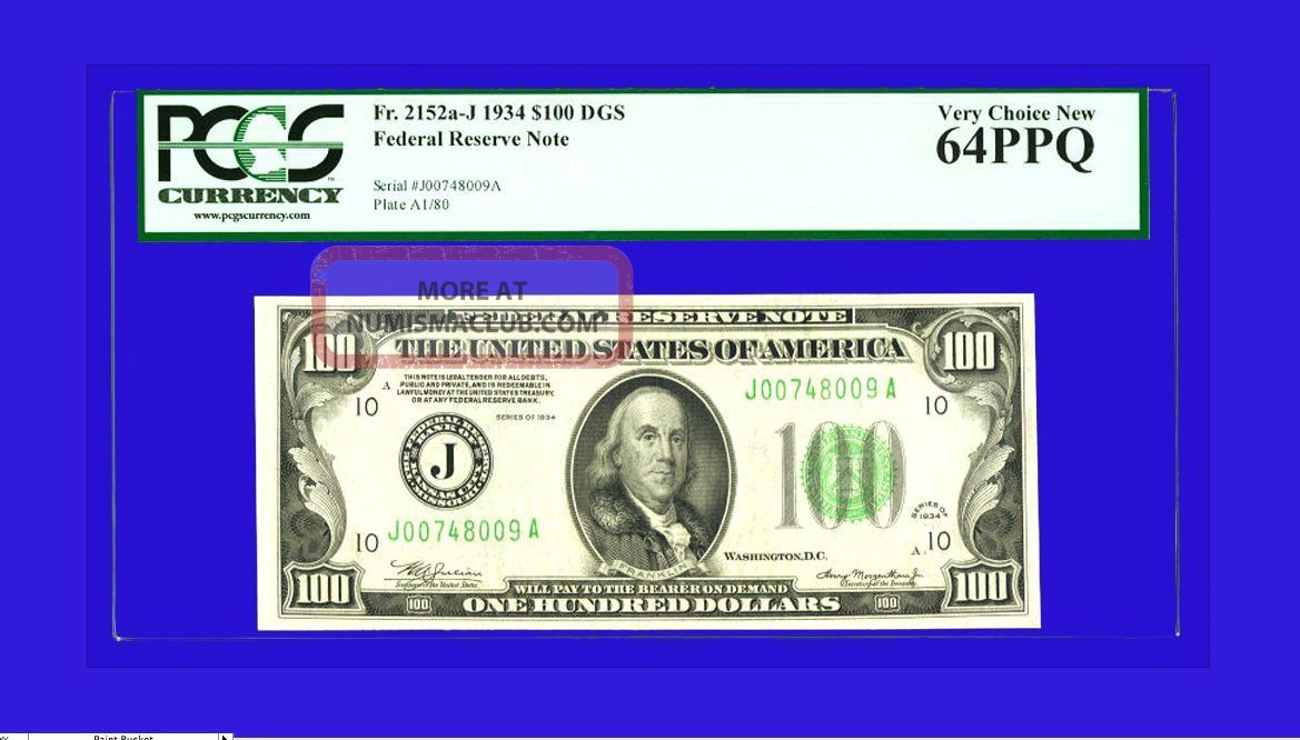 Pcgs 64 1934 $100 Kansas City Ja Block Choice Dark Green Seal & ' S Rarity Small Size Notes photo